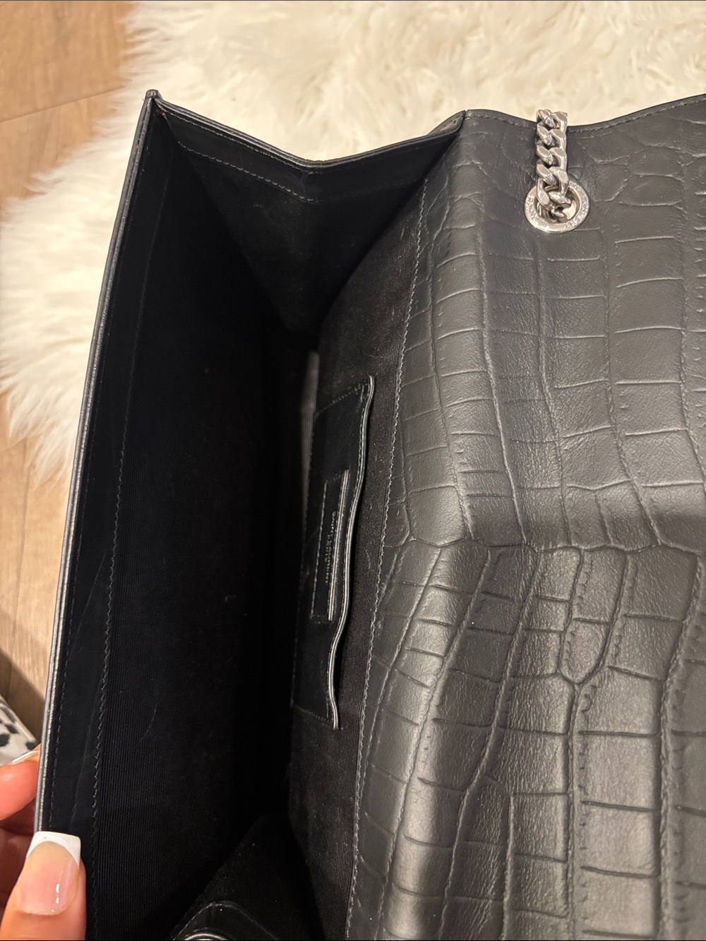 Yves Saint Laurent Black Croc-Embossed Chain Wallet with Silver Hardware - Picture 8 of 10